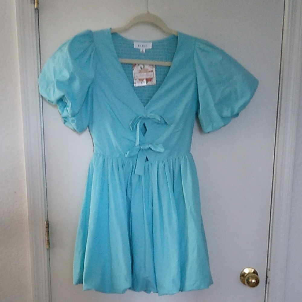 Light Blue Puff Sleeve Mini Dress